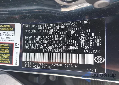 2014 Toyota Camry Xle z USA, uszkodzony, nr VIN 4T4BF1FK5ER390973
